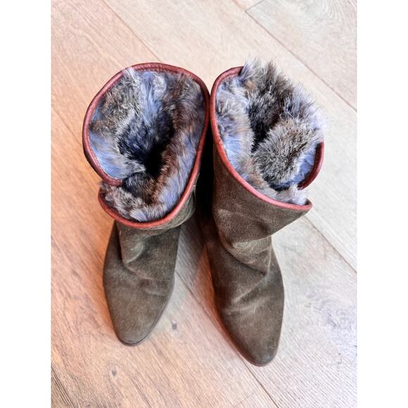 Cozy Vintage Cabincore Women's L.L. Bean Fur-Lined Green Suede Short Boot Sz 6.5 - Picture 1 of 9